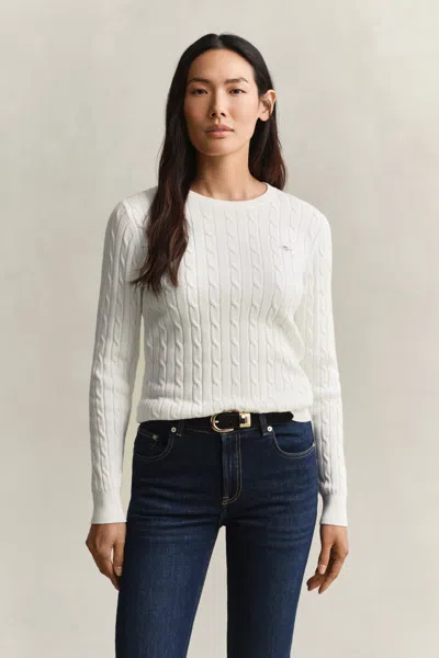 Gant Stretch Cotton Cable Knit Crew Neck Sweater In White