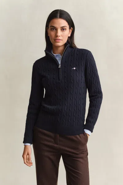 Gant Stretch Cotton Cable Knit Half-zip Sweater In Blue