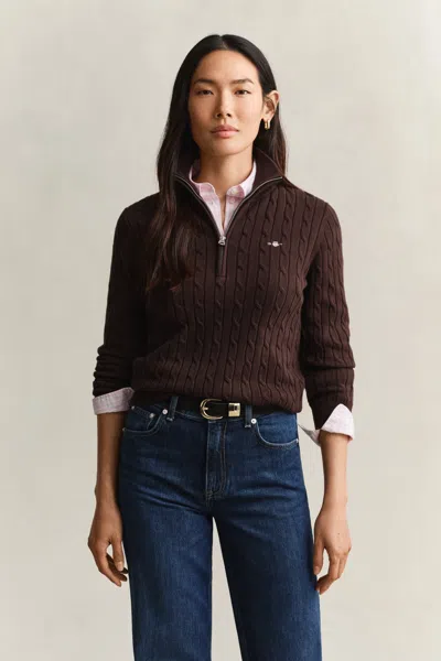 Gant Stretch Cotton Cable Knit Half-zip Sweater In Brown