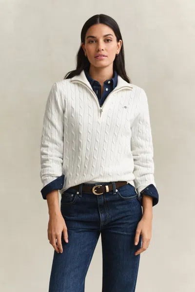 Gant Stretch Cotton Cable Knit Half-zip Sweater In White
