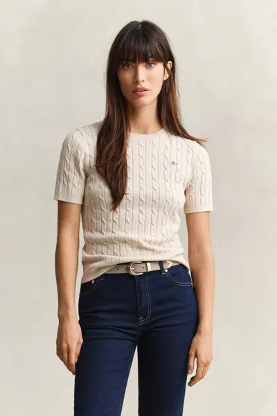 Gant Stretch Cotton Cable Knit Short Sleeve Sweater In Neutral