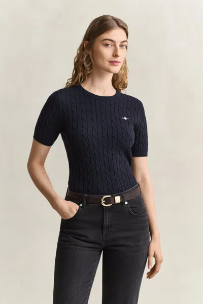 Gant Stretch Cotton Cable Knit Short Sleeve Sweater In Blue