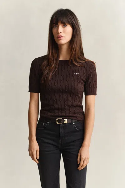 Gant Stretch Cotton Cable Knit Short Sleeve Sweater In Brown