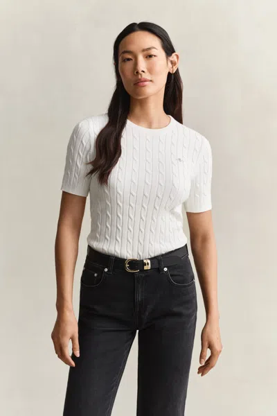 Gant Stretch Cotton Cable Knit Short Sleeve Sweater In White