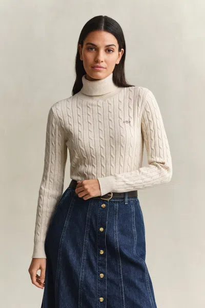 Gant Stretch Cotton Cable Knit Turtleneck Sweater In Neutral