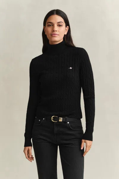 Gant Stretch Cotton Cable Knit Turtleneck Sweater In Black