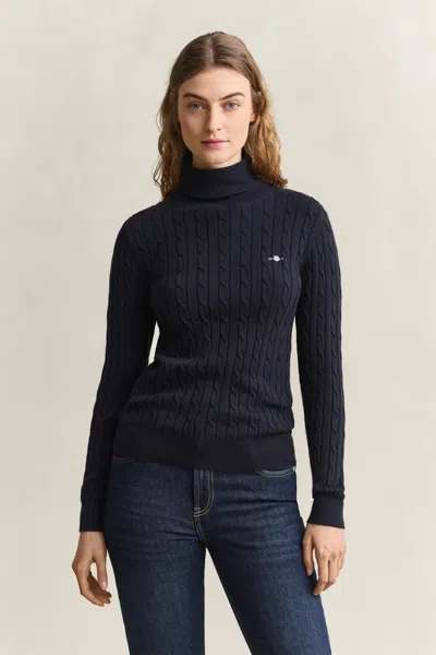 Gant Stretch Cotton Cable Knit Turtleneck Sweater In Blue