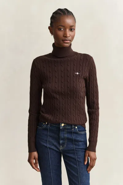 Gant Stretch Cotton Cable Knit Turtleneck Sweater In Brown