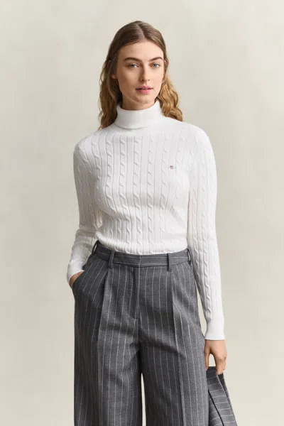 Gant Stretch Cotton Cable Knit Turtleneck Sweater In White
