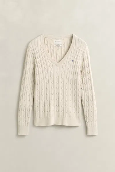 Gant Stretch Cotton Cable Knit V-neck Sweater