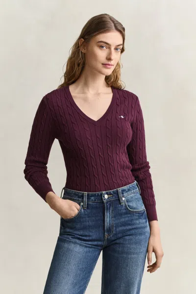 Gant Stretch Cotton Cable Knit V-neck Sweater