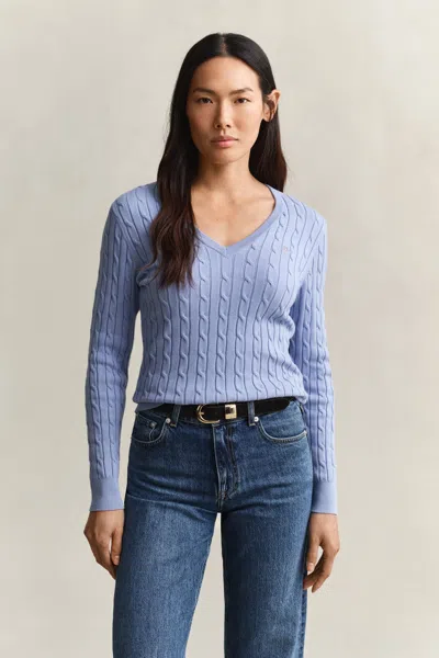 Gant Stretch Cotton Cable Knit V-neck Sweater
