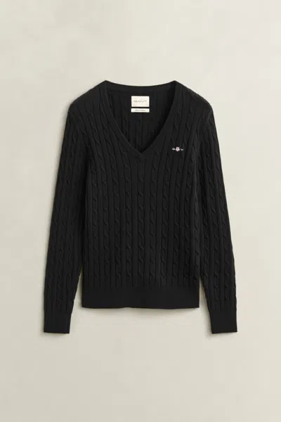 Gant Stretch Cotton Cable Knit V-neck Sweater In Black