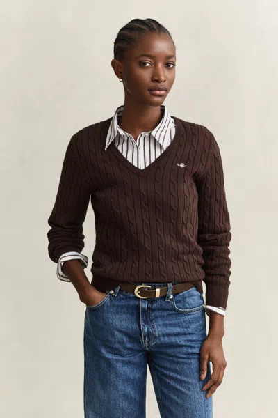 Gant Stretch Cotton Cable Knit V-neck Sweater In Brown