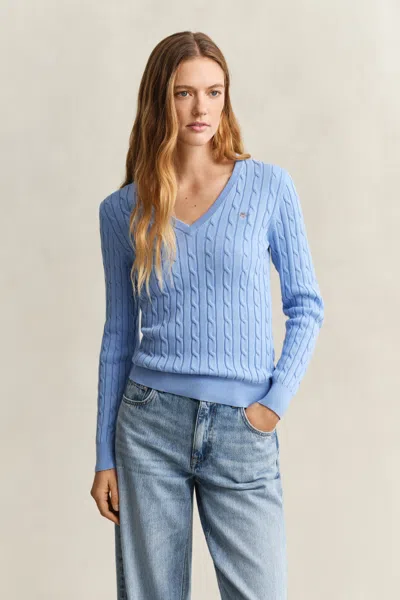 Gant Stretch Cotton Cable Knit V-neck Sweater In Blue
