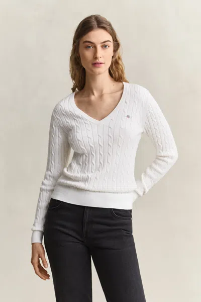 Gant Stretch Cotton Cable Knit V-neck Sweater In White