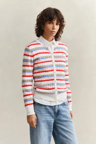 Gant Striped Cable Knit Cardigan In Multi