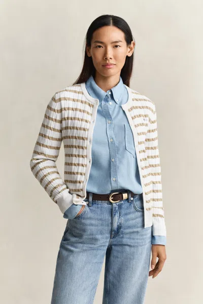 Gant Striped Cable Knit Cardigan In Neutral