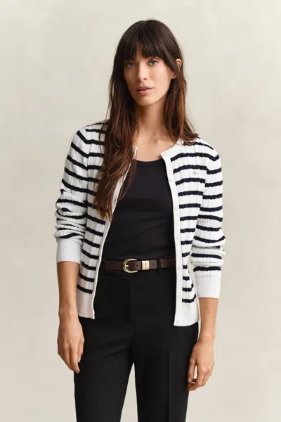 Gant Striped Cable Knit Cardigan In White