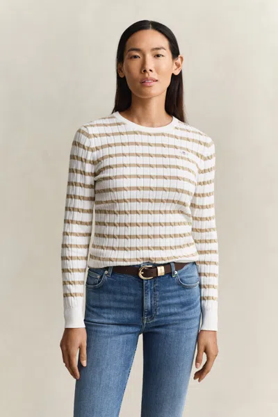 Gant Striped Cable Knit Crew Neck Sweater In Multi