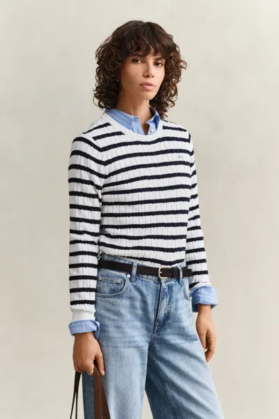 Gant Striped Cable Knit Crew Neck Sweater In Multi