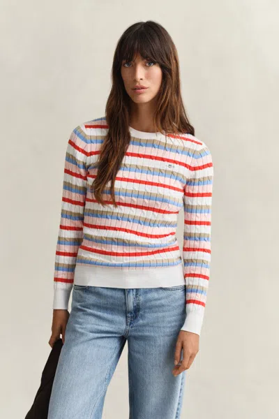 Gant Striped Cable Knit Crew Neck Sweater In Multi