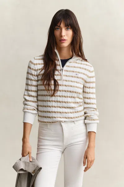 Gant Striped Cable Knit Half-zip Sweater In Brown