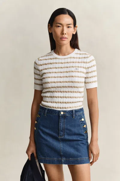 Gant Striped Cable Knit Short Sleeve Sweater In White