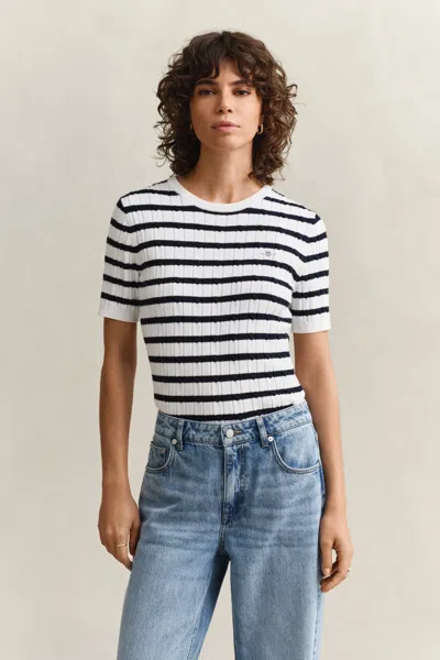 Gant Striped Cable Knit Short Sleeve Sweater In Multi