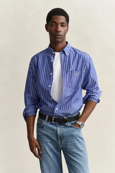 Gant Striped Classic Poplin Shirt In Blue