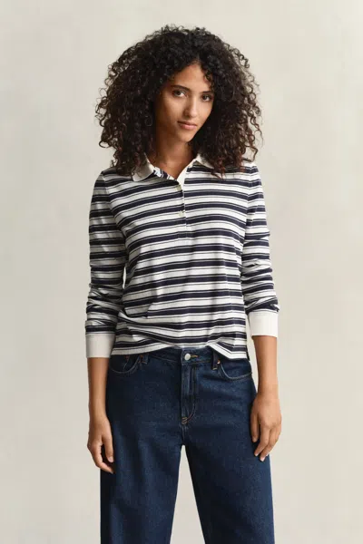 Gant Striped Long Sleeve Polo Shirt In Multi