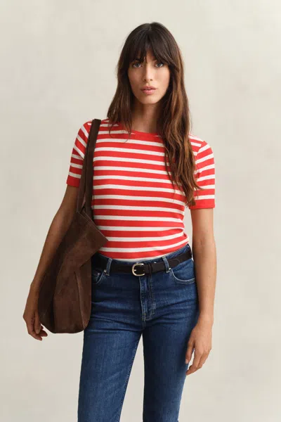 Gant Striped Rib T-shirt In Red