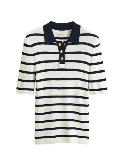 Gant Striped Ribbed-knit Polo Top In Multi