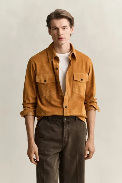 Gant Mens Rel Suede Overshirt Cognac In Orange