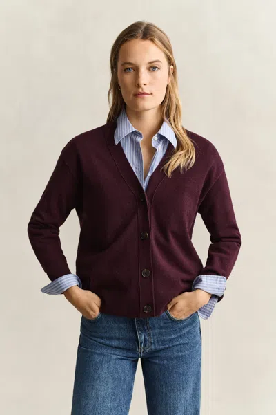 Gant Superfine Lambswool Cardigan In Brown