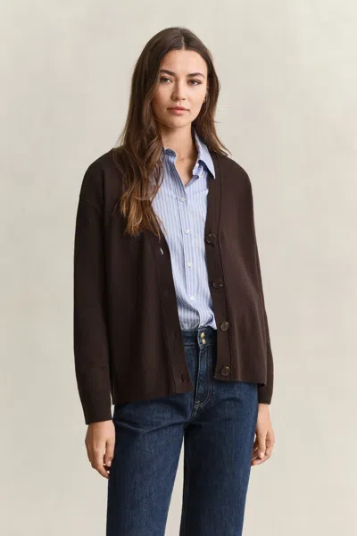 Gant Superfine Lambswool Cardigan In Brown