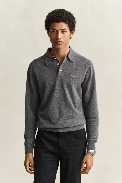 Gant Superfine Lambswool Polo Sweater In Gray