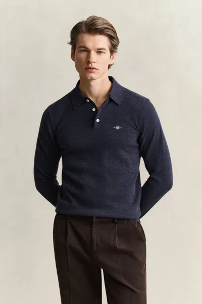 Gant Superfine Lambswool Polo Sweater In Blue