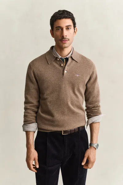 Gant Superfine Lambswool Polo Sweater In Brown