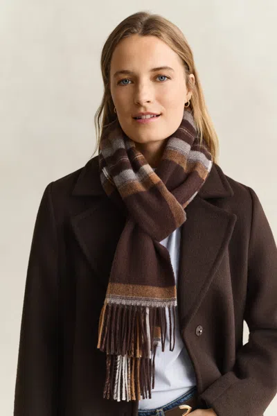 Gant Tartan Wool Scarf In Brown