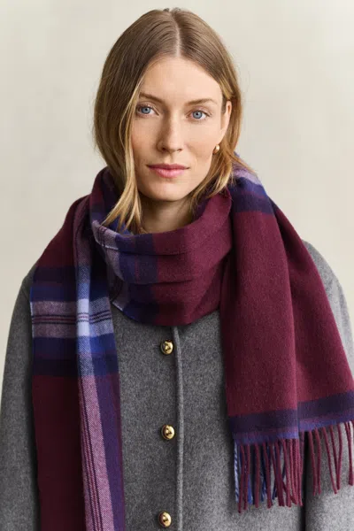 Gant Tartan Wool Scarf In Darkened Wine