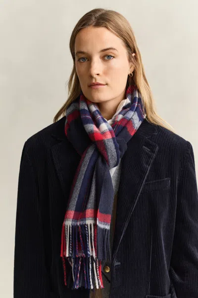 Gant Tartan Wool Scarf In Evening Blue