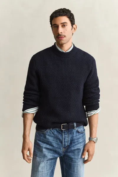 Gant Textured Cotton Wool Mock Neck Sweater In Blue