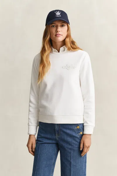 Gant Tonal Shield Crew Neck Sweatshirt In White