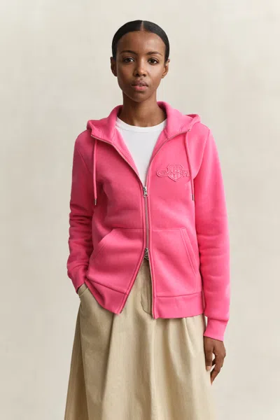 Gant Tonal Shield Zip Hoodie In Pink