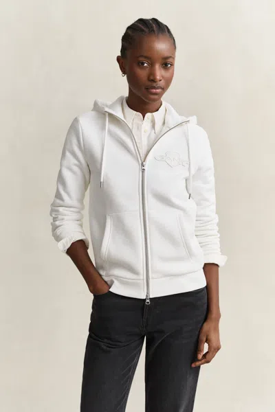 Gant Tonal Shield Zip Hoodie In White