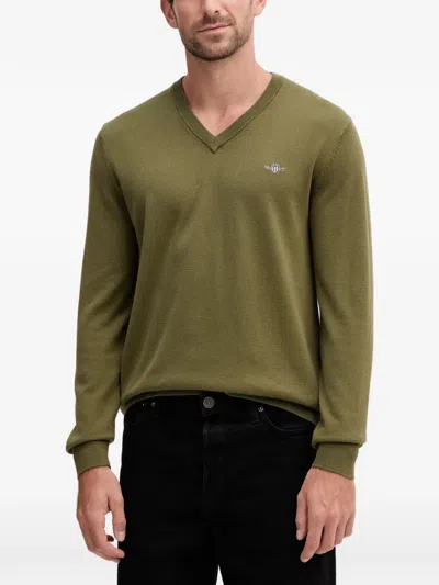 Gant V-neck Embroidered-logo Sweater In Green