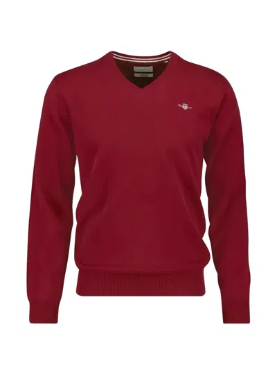 Gant V-neck Logo-embroidery Sweater In Red