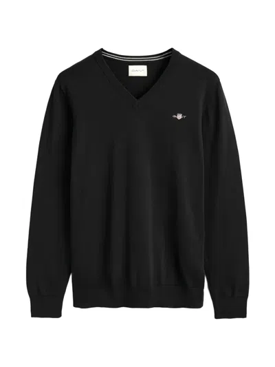 Gant V-neck Logo Sweater In Black