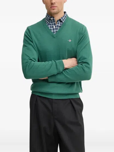 Gant V-neck Logo Sweater In Green